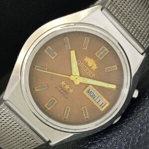 Vintage 1974 Orient Automatic Mens Silver Watch W/daydate & Gold accents